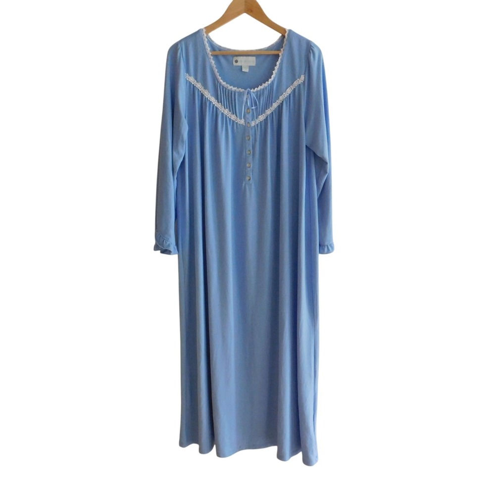 Ella Simone Long Nightgown Long Sleeve Blue Lace Button Size Large